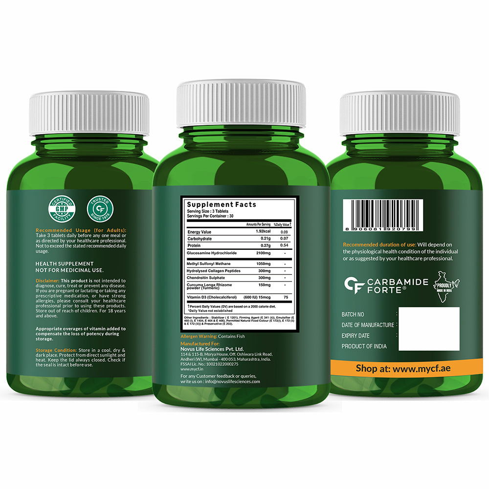 Carbamide Forte Glucosamine & Chondroitin MSM - Joint Support Supplements | Supports Joint, Cartilage & Muscle Health, 3900mg Per Serving | Joint support supplement for men & women β 90 Tablets