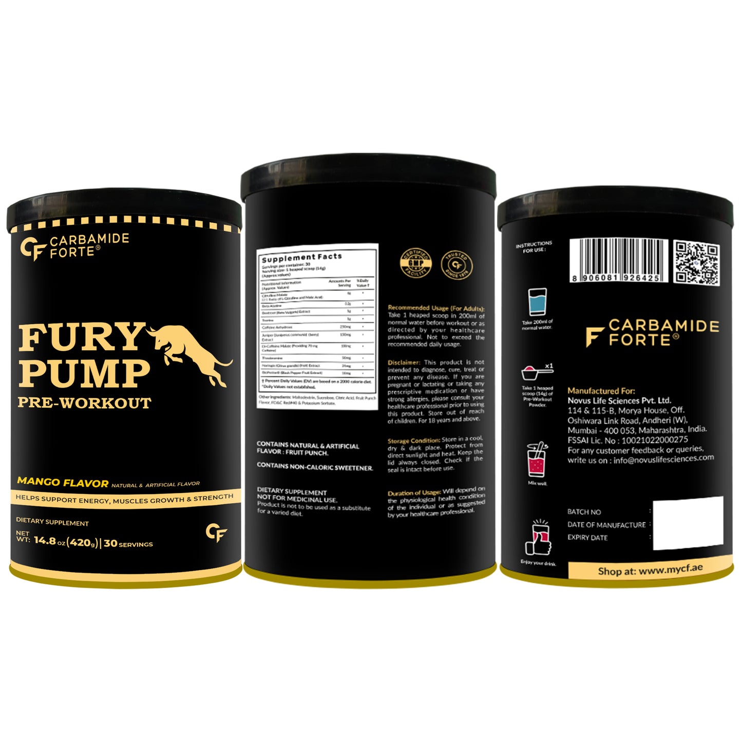 Fury Pump Pre-Workout – Explosive Energy & Focus | Boost Strength, Endurance & Blood Flow | In Various Flavors I For Men And Women - Mango Flavour 420g
