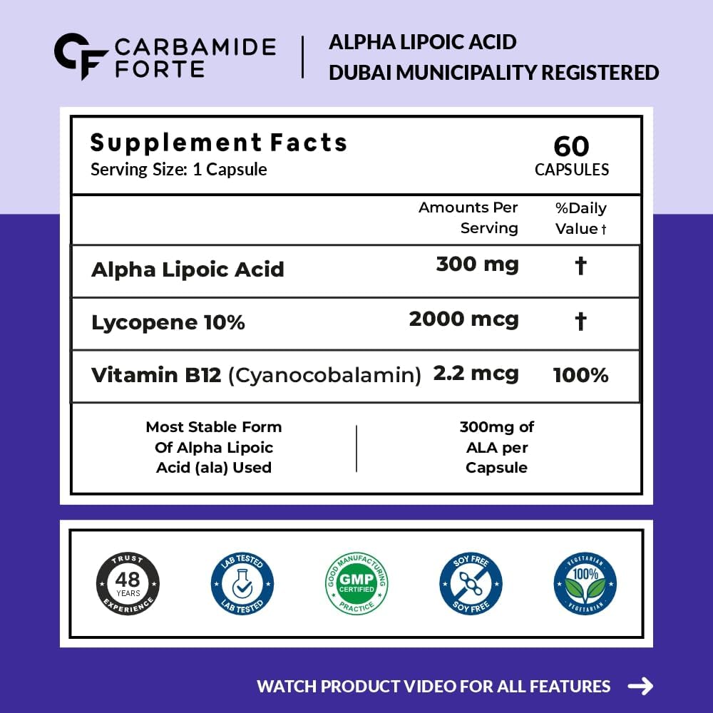 Alpha Lipoic Acid 300 mg with Vitamin B12 & Lycopene – Antioxidant Support