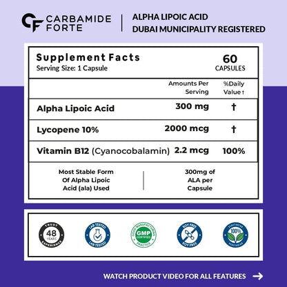 Alpha Lipoic Acid 300 mg with Vitamin B12 & Lycopene – Antioxidant Support