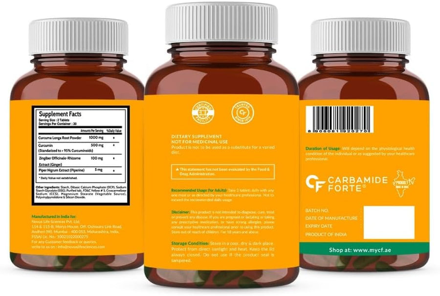 Carbamide Forte Curcumin Turmeric Tablets with Piperine and 95% Curcuminoids | Anti Inflammatory Supplement |Turmeric Supplement for Adults with Curcumin turmeric Extract | 60 Veg Tablets