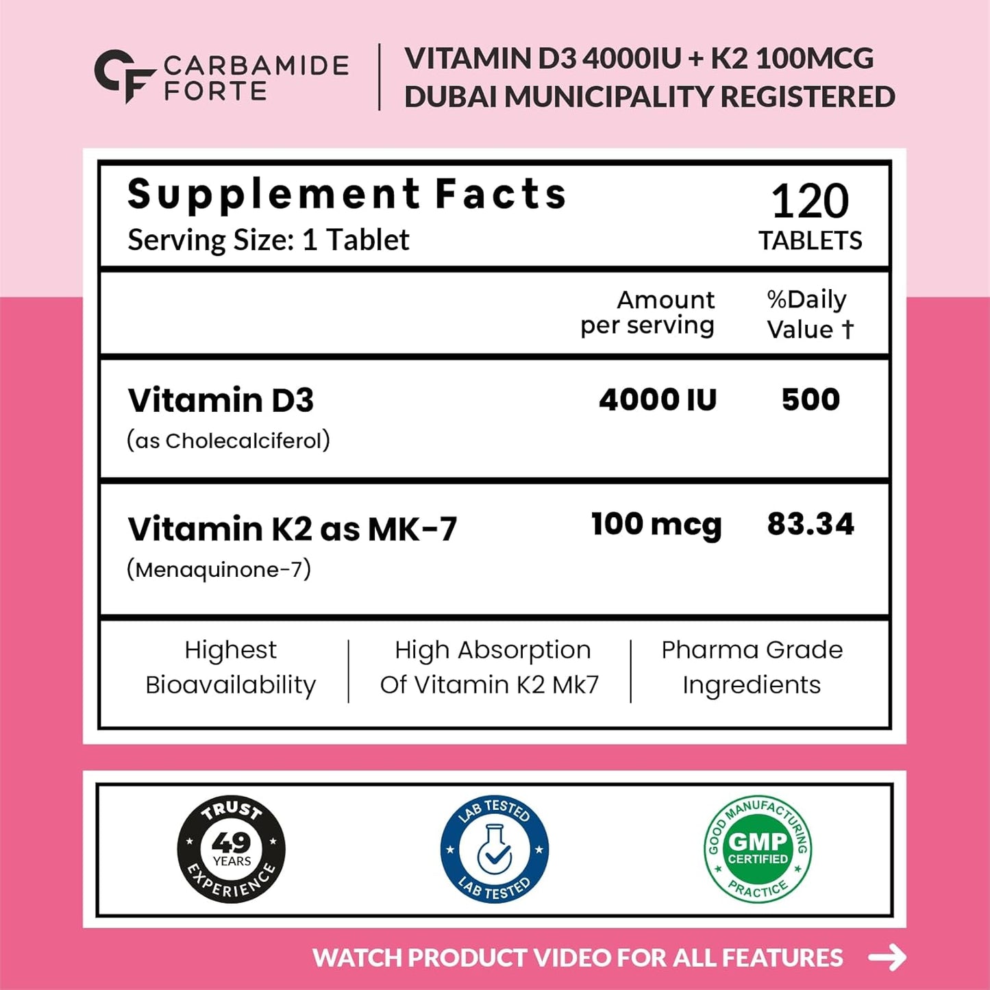 Vitamin D3 4000 IU + K2 MK7 100 mcg – High Strength Bone & Calcium Support