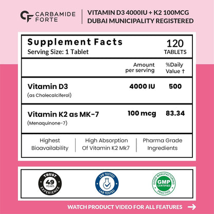 Vitamin D3 4000 IU + K2 MK7 100 mcg – High Strength Bone & Calcium Support