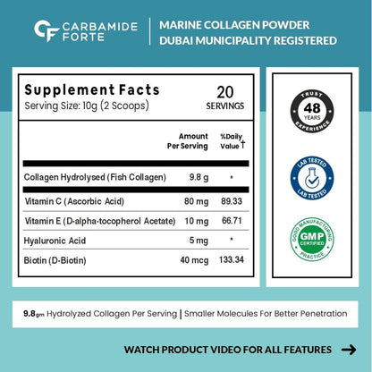 Carbamide Forte Marine Collagen Powder for Skin| Marine Collagen Supplements for Women & Men | Collagen Marine Supplements for Skin & Bone Health Support - Hydrolyzed Marine Collagen Peptides - 200g