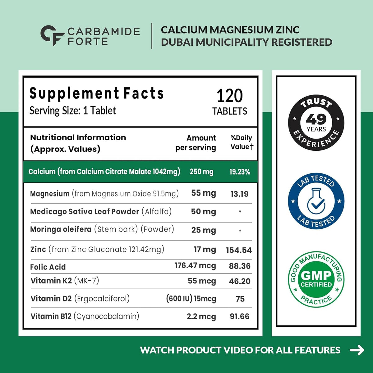 Carbamide Forte Calcium Citrate & Vitamin D3 Tablets | Calcium Magnesium Zinc - Bone Health & Joint Support - 120 Tablets