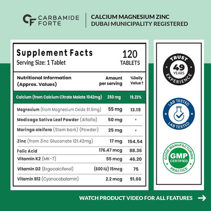 Carbamide Forte Calcium Citrate & Vitamin D3 Tablets | Calcium Magnesium Zinc - Bone Health & Joint Support - 120 Tablets