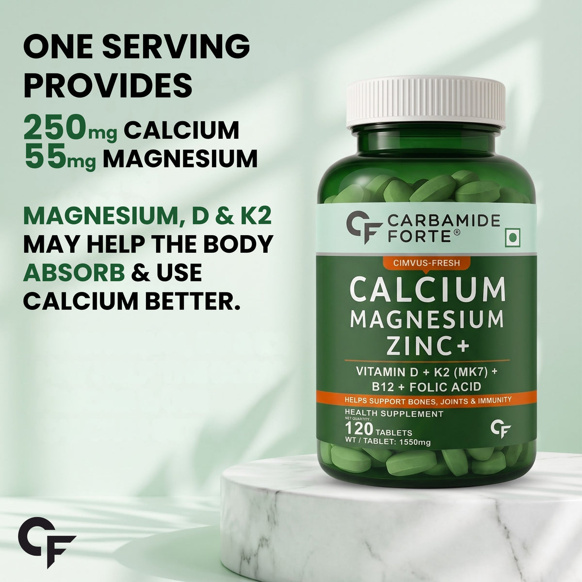 Carbamide Forte Calcium Citrate & Vitamin D3 Tablets | Calcium Magnesium Zinc - Bone Health & Joint Support - 120 Tablets