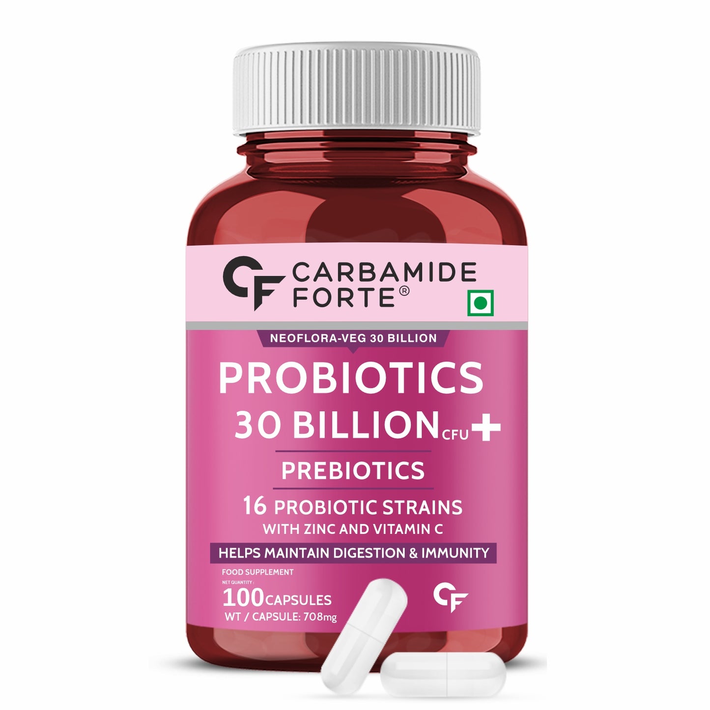 Carbamide Forte Probiotics Supplement 30 Billion CFU for Women & Men | Probiotics for Gut Health Supplements | Support Digestion & Immunity | Gut Health Probiotics – 60 Veg Capsules