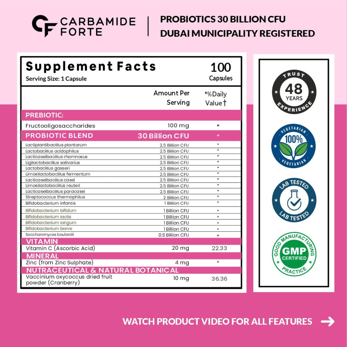 Carbamide Forte Probiotics For Women & Men- Probiotics 30 Billion Supplement - Probitics for Gut health, Digestive Immune Vaginal & Urinary Health - 100 Veg Capsules