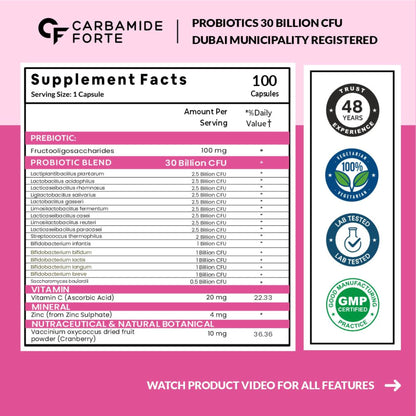 Carbamide Forte Probiotics For Women & Men- Probiotics 30 Billion Supplement - Probitics for Gut health, Digestive Immune Vaginal & Urinary Health - 100 Veg Capsules