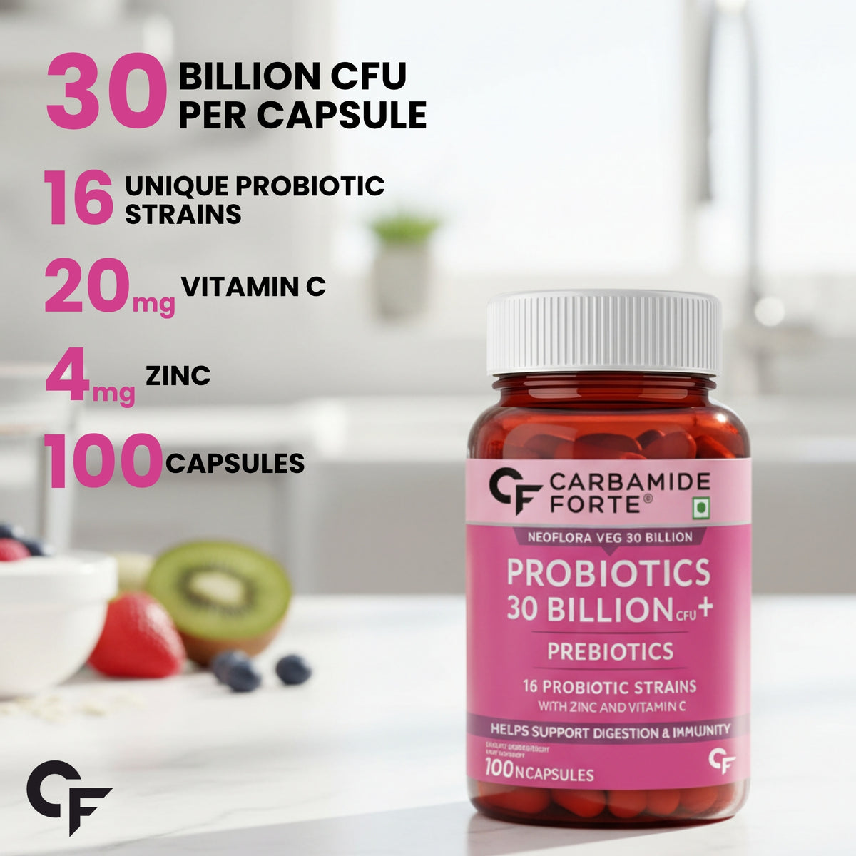 Carbamide Forte Probiotics For Women & Men- Probiotics 30 Billion Supplement - Probitics for Gut health, Digestive Immune Vaginal & Urinary Health - 100 Veg Capsules