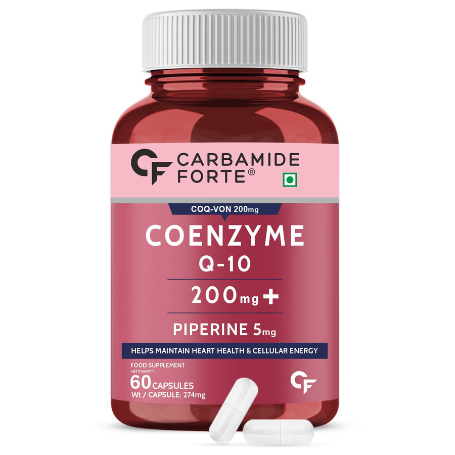 Carbamide Forte Coenzyme Q10 200mg supplement with Piperine 5mg | CoQ10 Helps Maintain Heart Health & Cellular Energy – 60 Capsules