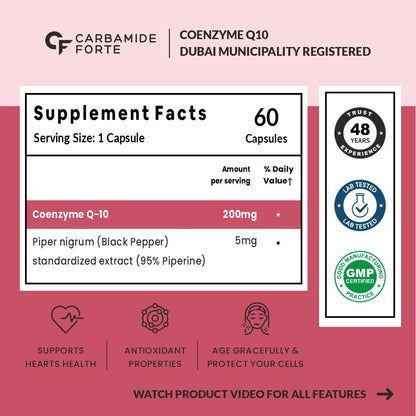 Carbamide Forte Coenzyme Q10 200mg supplement with Piperine 5mg | CoQ10 Helps Maintain Heart Health & Cellular Energy – 60 Capsules