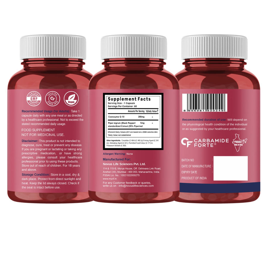 Carbamide Forte Coenzyme Q10 200mg supplement with Piperine 5mg | CoQ10 Helps Maintain Heart Health & Cellular Energy – 60 Capsules