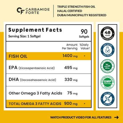 Carbamide Forte Omega 3 Fish Oil Capsules For Men And Women | Fish Oil Omega 3 Supplement Supports Heart, Joint & Skin | 90 Triple Strength Capsules