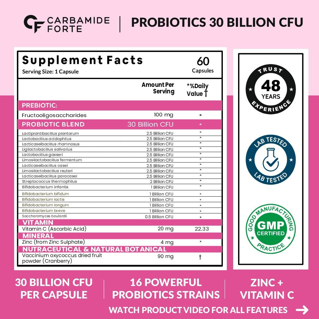 Carbamide Forte Probiotics Supplement 30 Billion CFU for Women & Men | Probiotics for Gut Health Supplements | Support Digestion & Immunity | Gut Health Probiotics – 60 Veg Capsules