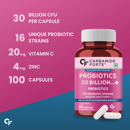 Carbamide Forte Probiotics Supplement 30 Billion CFU for Women & Men | Probiotics for Gut Health Supplements | Support Digestion & Immunity | Gut Health Probiotics – 60 Veg Capsules