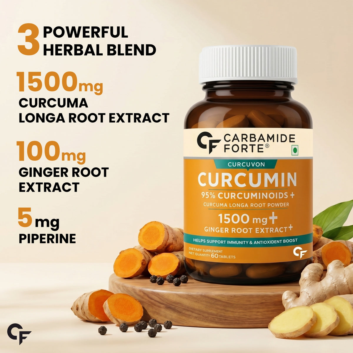Carbamide Forte Curcumin Tablets With Piperine And 95% Curcuminoids | Anti Inflammation Supplements For Adults | Curcumin Ginger Supplement | Immunity Booster For Adults - 60 Veg Tablets