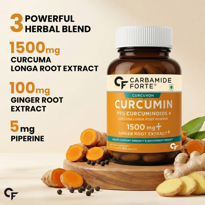 Carbamide Forte Curcumin Tablets With Piperine And 95% Curcuminoids | Anti Inflammation Supplements For Adults | Curcumin Ginger Supplement | Immunity Booster For Adults - 60 Veg Tablets