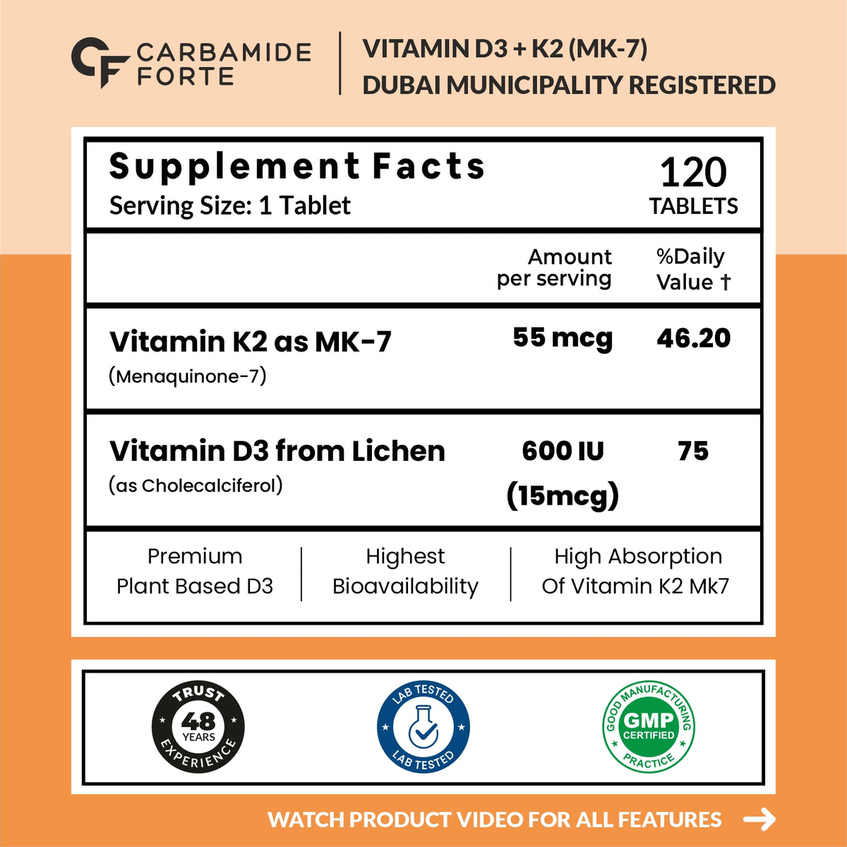 Carbamide Forte Vitamin D3 K2 | Vitamin K2 MK7 Supplement for Bone & Heart Health | Vitamin d for women & men | vitamin k2 and d3 supplements -120 Veg Tablets