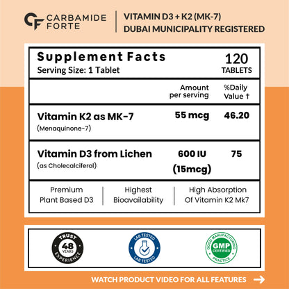 Carbamide Forte Vitamin D3 K2 | Vitamin K2 MK7 Supplement for Bone & Heart Health | Vitamin d for women & men | vitamin k2 and d3 supplements -120 Veg Tablets