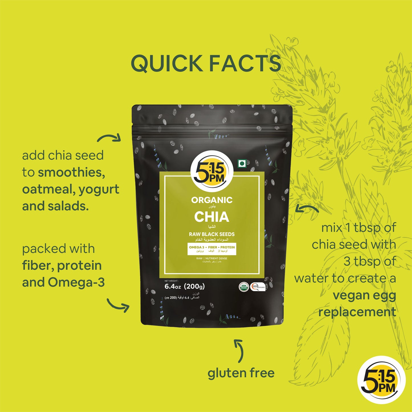 5:15 PM Chia Seeds Organic For Weight Loss - Black, Unroasted & Raw Chia Seeds 200gm for Eating with Omega 3 and Fiber