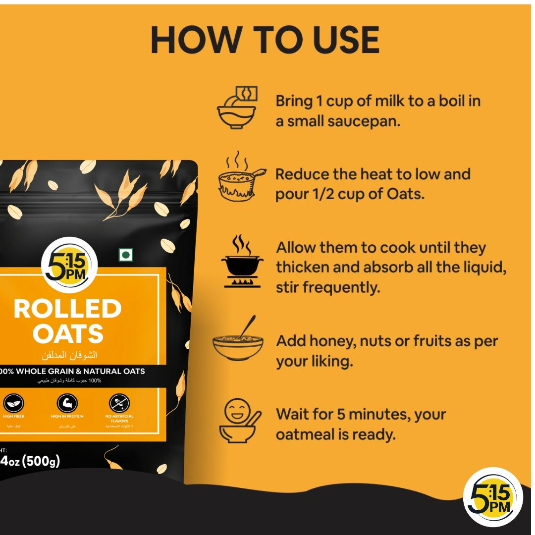 5:15PM Rolled Oats 500g | Gluten Free Oats for Weight Loss | Healthy Cereal Breakfast | 100% Natural Wholegrain | Rich in Beta Glucans – 500g