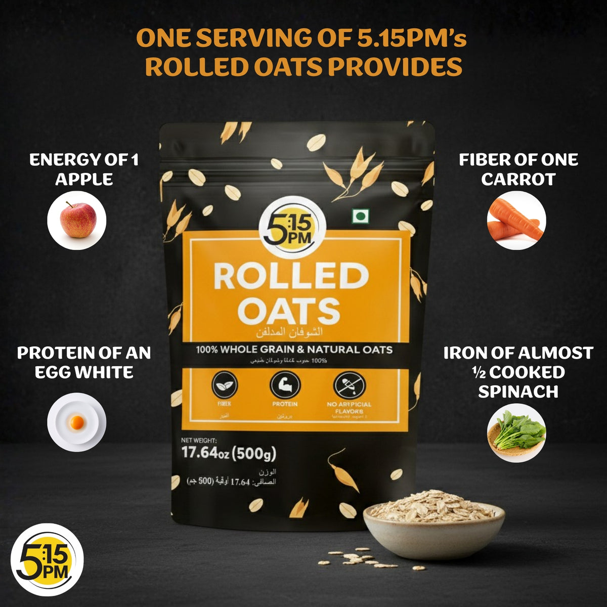 5:15PM Rolled Oats 500g | Rolled Oats Gluten Free for Weight Management | Healthy Cereal Breakfast | 100% Natural Wholegrain | Rich in Beta Glucans – 500g