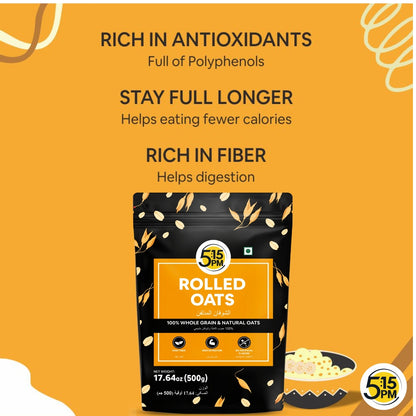 5:15PM Rolled Oats 500g | Gluten Free Oats for Weight Loss | Healthy Cereal Breakfast | 100% Natural Wholegrain | Rich in Beta Glucans – 500g