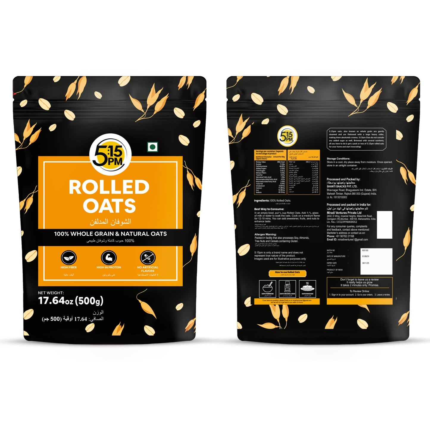 5:15PM Rolled Oats 500g | Gluten Free Oats for Weight Loss | Healthy Cereal Breakfast | 100% Natural Wholegrain | Rich in Beta Glucans – 500g