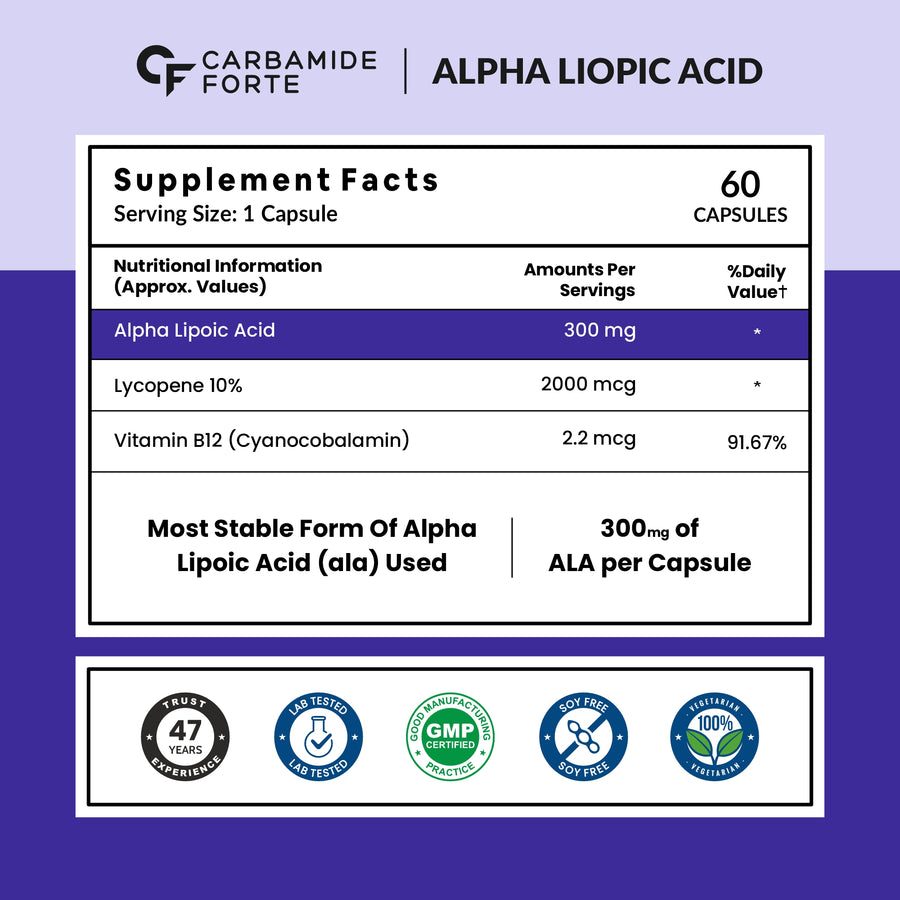Carbamide Forte Alpha Lipoic Acid 300mg - ALA Capsules with Vitamin B12 & Lycopene | ALA Supplement | Supports Healthy Skin & Immunity - 60 Veg ALA Capsules