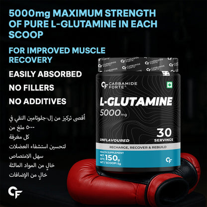 Carbamide Forte L Glutamine Powder 5000mg | L Glutamine Supplement for Men & Women - Unflavoured - 30 SERVINGS - 150g