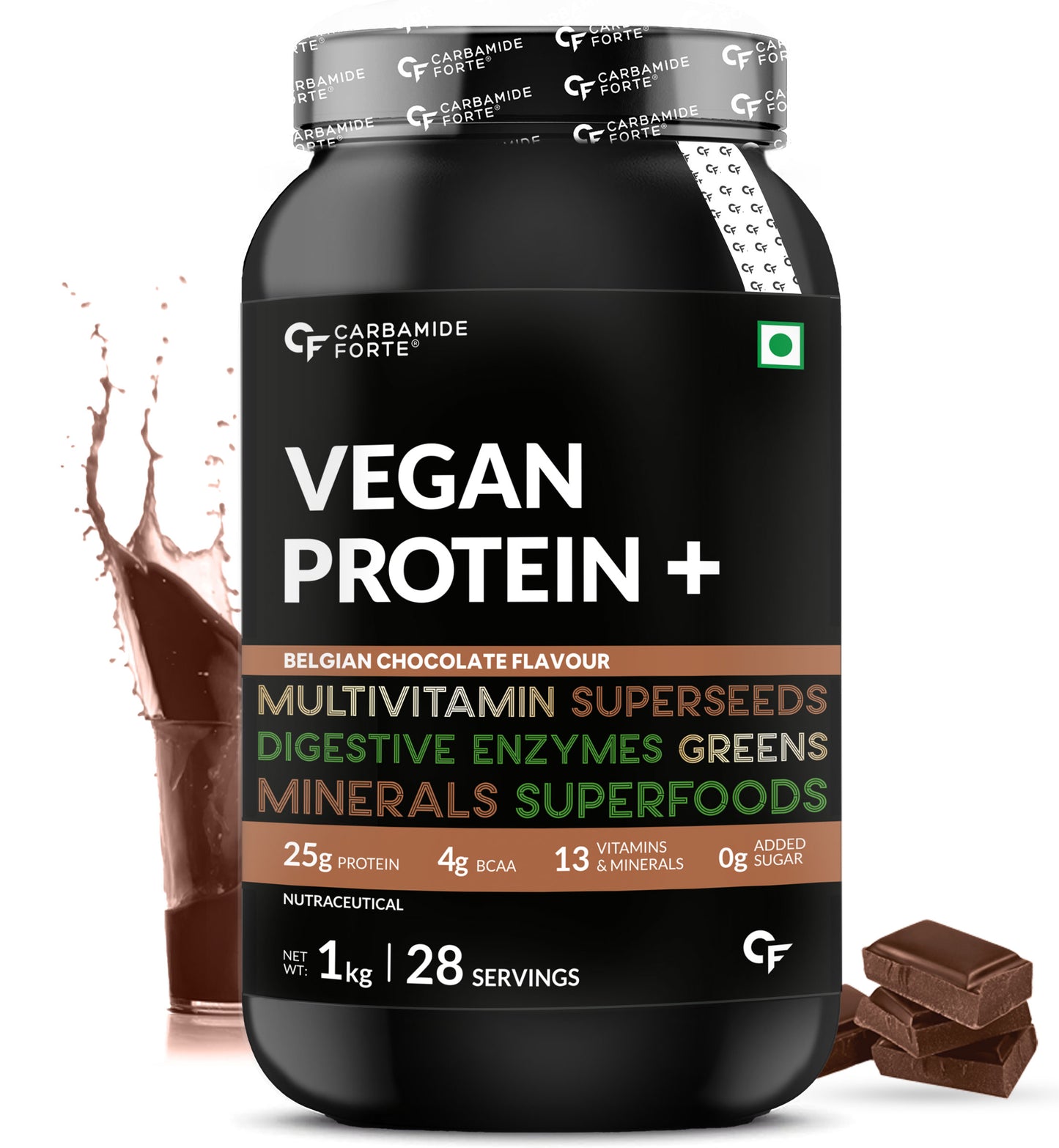 Carbamide Forte Plant Protein Powder - Plant Based Pea c with Multivitamin, Minerals, Superfoods, Digestive Enzymes - Belgian Chocolate Flavour - 1Kg