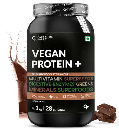 Carbamide Forte Plant Protein Powder - Plant Based Pea c with Multivitamin, Minerals, Superfoods, Digestive Enzymes - Belgian Chocolate Flavour - 1Kg