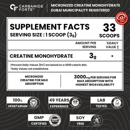 Carbamide Forte Micronised Creatine Monohydrate Powder 33 Servings – 100g | Creatine Supplement Powder Unflavoured for Lean Muscle Volumization, Strength & Energy