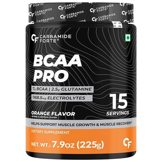 Carbamide Forte BCAA Pro Supplement Powder | BCAA Supplement Powder with L-Glutamine & L-Citrulline | Intra Workout Supplement for Men & Women | Orange Flavour - 225g
