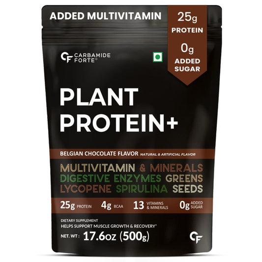 Carbamide Forte Plant Protein Powder - Plant Based Pea Protein Powder for Women with Multivitamin, Minerals, Superfoods, Digestive Enzymes - Belgian Chocolate Flavor - 500g