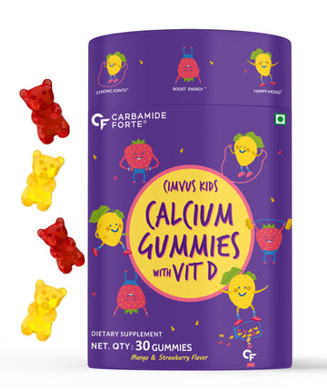 Carbamide Forte Calcium Gummies for Kids | Calcium Vitamin D Gummies for Kids | Calcium Supplements for Stronger Bones - Mango & Strawberry Flavour - 30 Veg Calcium Gummies for Children