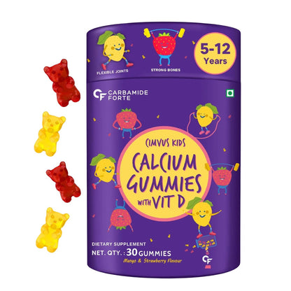 Carbamide Forte Calcium Gummies For Kids | Calcium Magnesium Zinc Vitamin D For Kids | Supplements For Stronger Bones - Mango & Strawberry Flavour - 30 Veg Gummies For Childrens