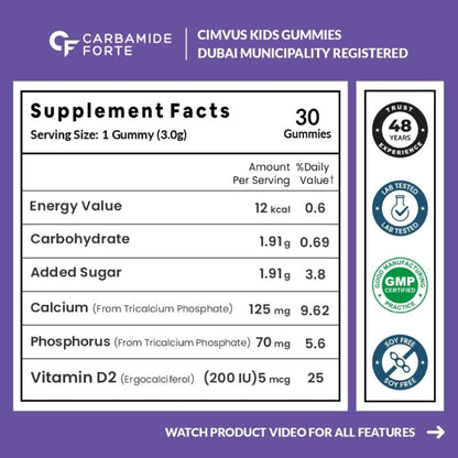 Carbamide Forte Calcium Gummies For Kids | Calcium Magnesium Zinc Vitamin D For Kids | Supplements For Stronger Bones - Mango & Strawberry Flavour - 30 Veg Gummies For Childrens
