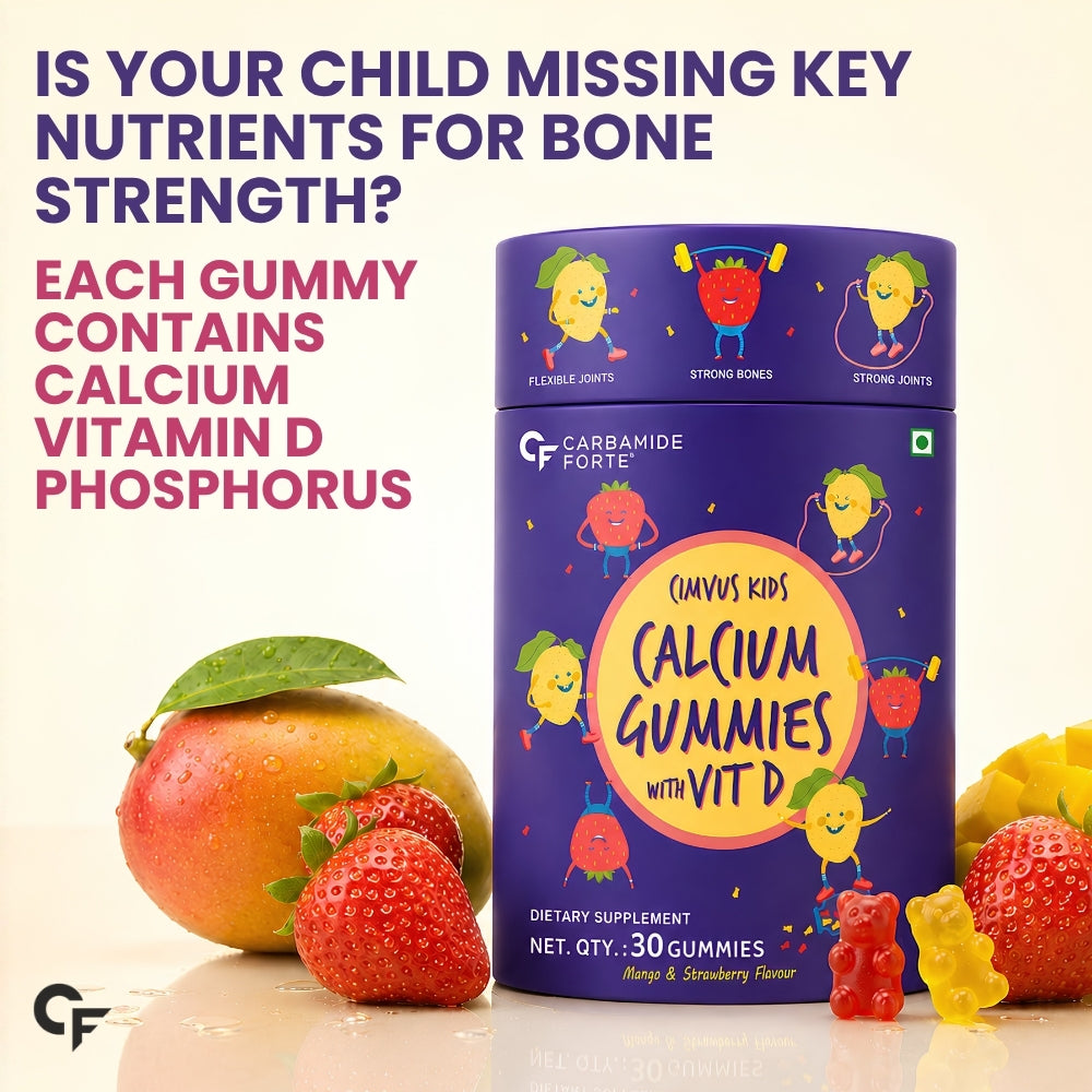 Carbamide Forte Calcium Gummies For Kids | Calcium Magnesium Zinc Vitamin D For Kids | Supplements For Stronger Bones - Mango & Strawberry Flavour - 30 Veg Gummies For Childrens