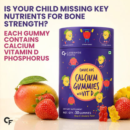 Carbamide Forte Calcium Gummies For Kids | Calcium Magnesium Zinc Vitamin D For Kids | Supplements For Stronger Bones - Mango & Strawberry Flavour - 30 Veg Gummies For Childrens