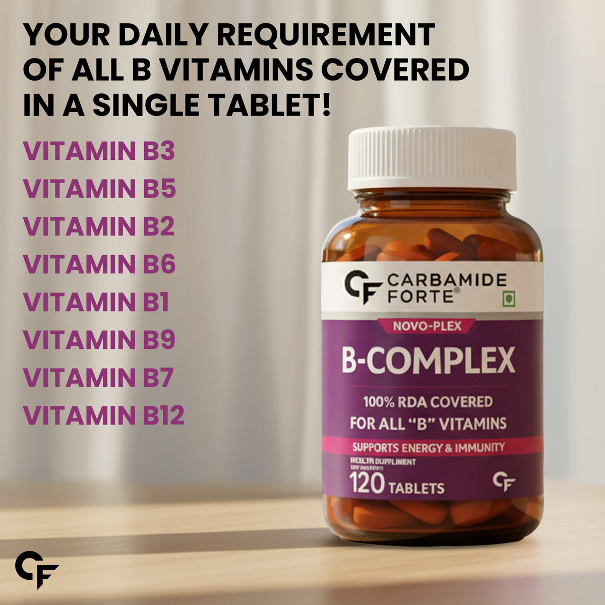 Carbamide Forte Vitamin B Complex Tablets - 100% RDA for B Complex Vitamins with B12, B2, B3, B5, B6, B9 & B1 | Vit B-complex for women & men - 120 Vegetarian Tablets