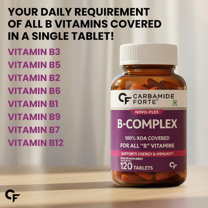 Carbamide Forte Vitamin B Complex Tablets - 100% RDA for B Complex Vitamins with B12, B2, B3, B5, B6, B9 & B1 | Vit B-complex for women & men - 120 Vegetarian Tablets