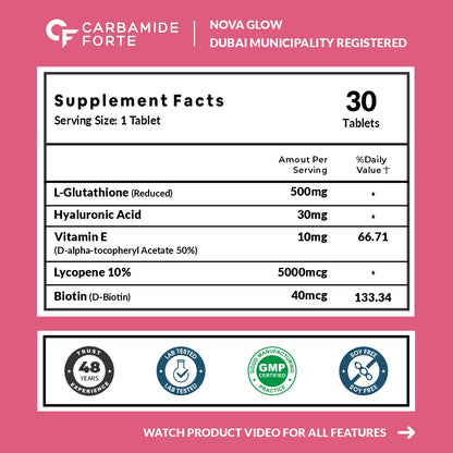 Carbamide Forte Japanese Reduced L Glutathione 500mg Tablets | L Glutathione with Hyaluronic Acid, Vitamin E, Lycopene & Biotin– 30 Veg Tablets