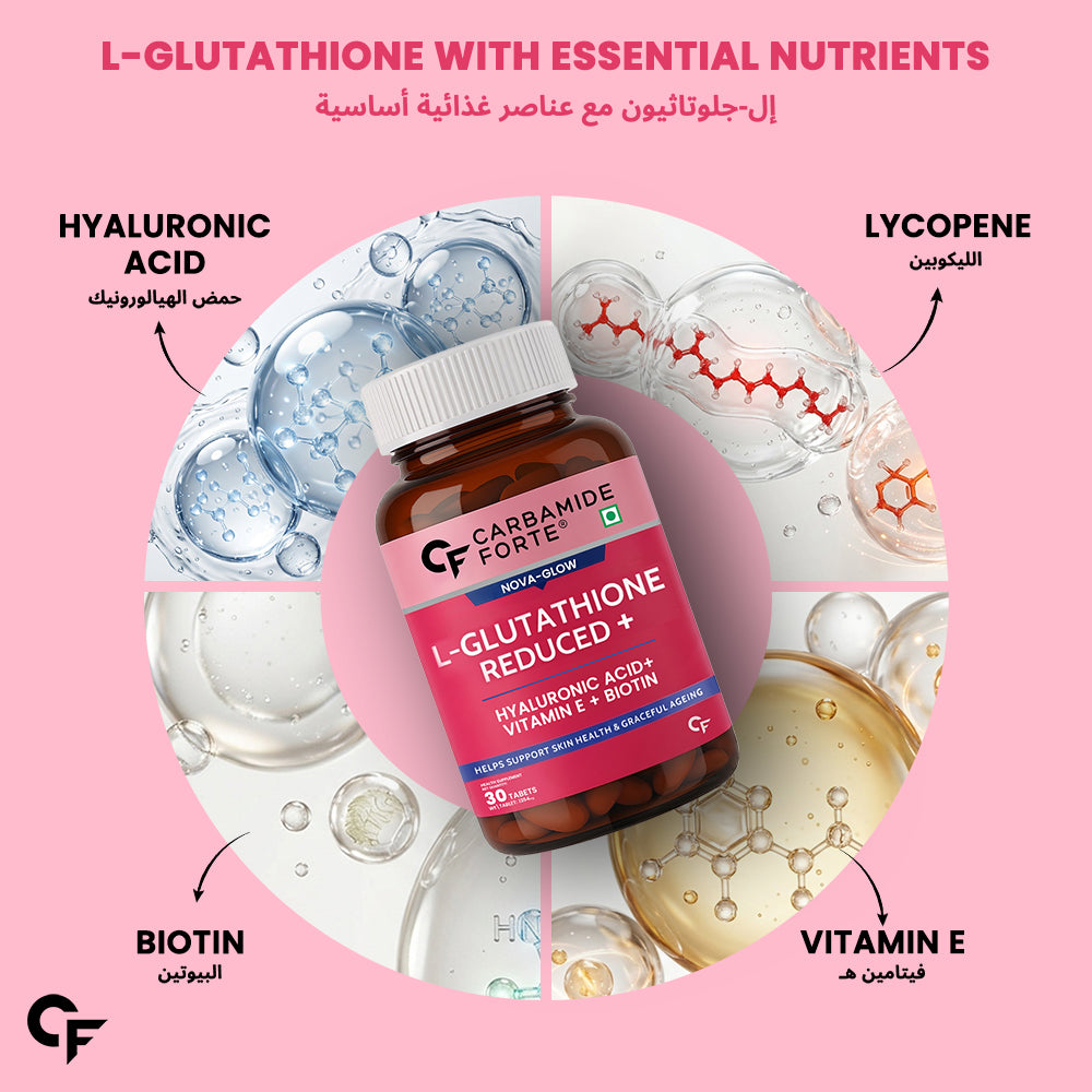 Carbamide Forte Japanese Reduced L Glutathione 500mg Tablets | L Glutathione with Hyaluronic Acid, Vitamin E, Lycopene & Biotin– 30 Veg Tablets
