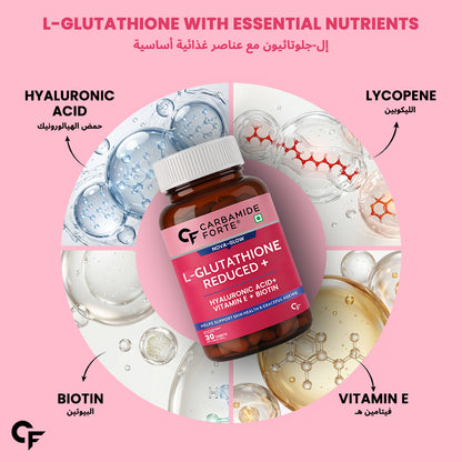 Carbamide Forte Japanese Reduced L Glutathione 500mg Tablets | L Glutathione with Hyaluronic Acid, Vitamin E, Lycopene & Biotin– 30 Veg Tablets