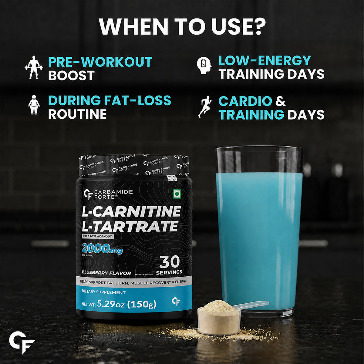 Carbamide Forte L Carnitine Powder for Men & Women | L carnitine supplement - Blueberry Flavour - 150g