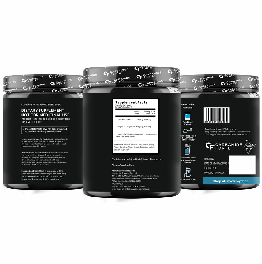 Carbamide Forte L Carnitine Powder for Men & Women | L Carnitine Powder Men | L Carnitine Powder Pure For Pre Workout Carnitine Supplement | L Carnitine Supplement Blueberry Flavour - 150g