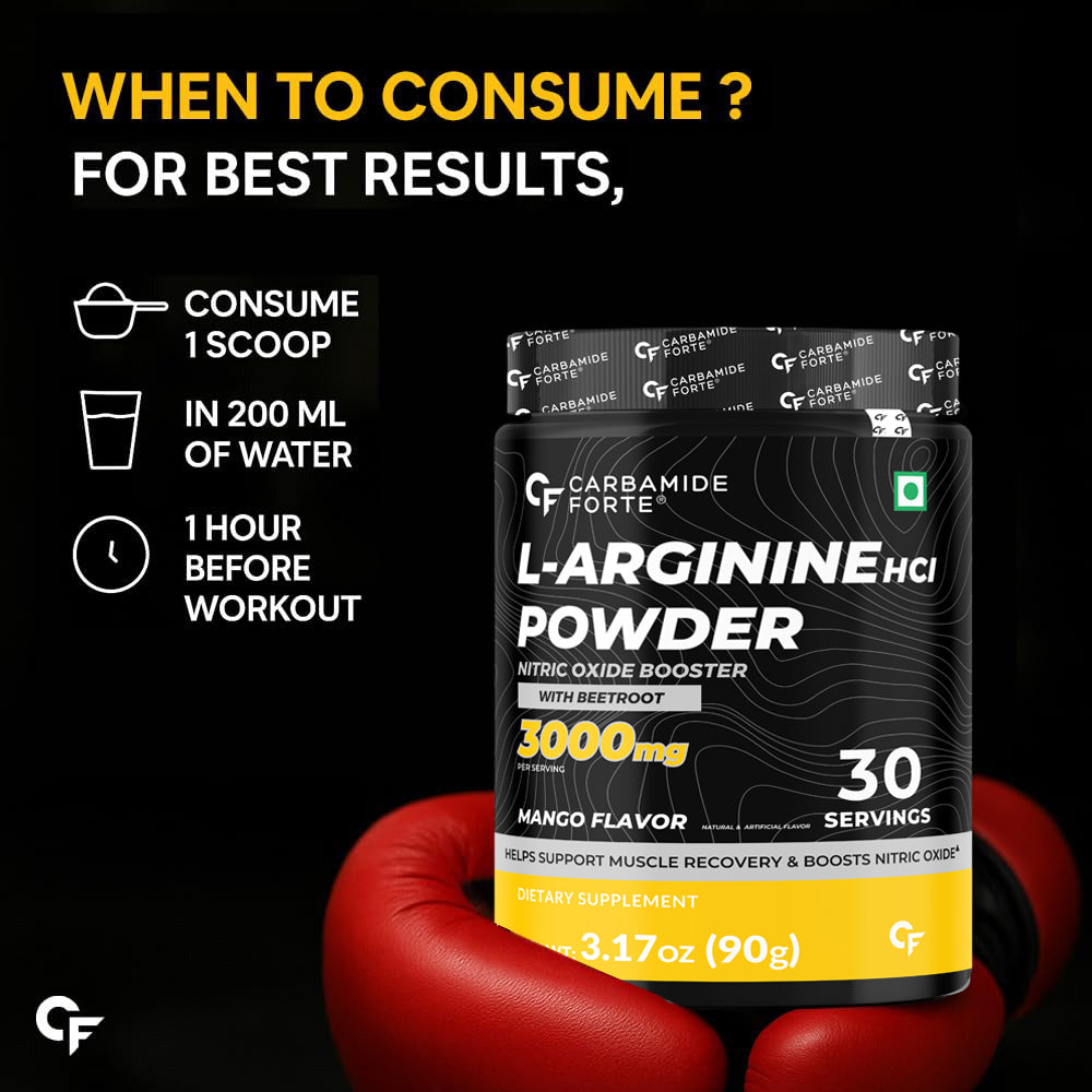 Carbamide Forte L Arginine Powder Supplement 3000mg | Pre-workout for men & women | L Arginine Supplements For Men & Women | Beet Root Powder - Alphonso Mango- 90g
